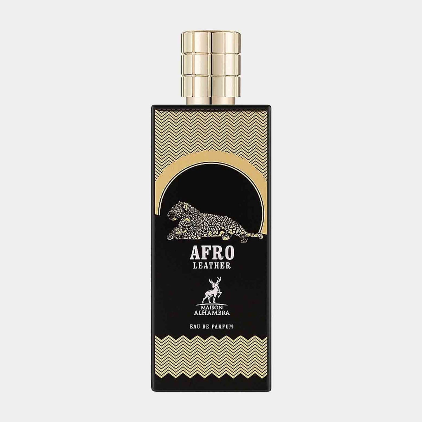 Maison Alhambra Afro Leather Sample, featuring a sleek black bottle adorned with a gold leopard design and geometric patterns, showcasing an elegant fragrance.