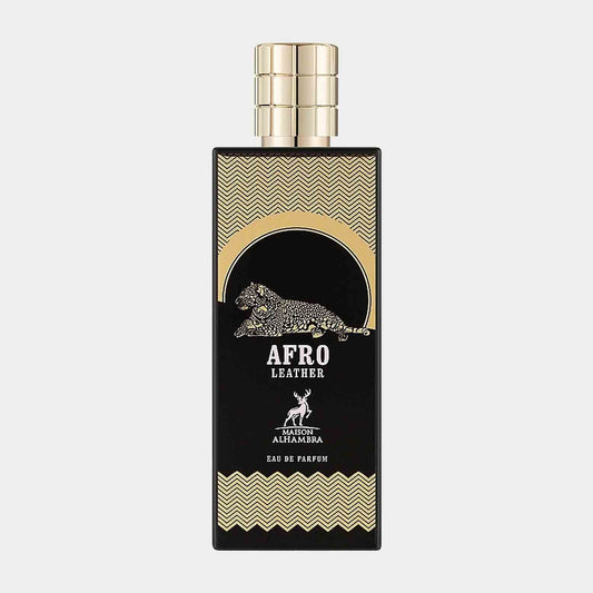 Maison Alhambra Afro Leather Sample, featuring a sleek black bottle adorned with a gold leopard design and geometric patterns, showcasing an elegant fragrance.