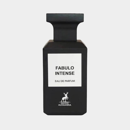 A sleek black bottle of Maison Alhambra Fabulo Intense Eau de Parfum, featuring a minimalist label and a distinctive cap design, perfect for fragrance enthusiasts seeking a bold scent experience.