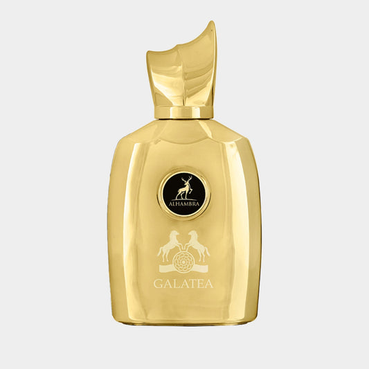 A full bottle of Maison Alhambra Galatea, featuring a sleek, gold design with a unique cap and the brand's logo prominently displayed. The elegant shape adds a luxurious touch to this fragrance.