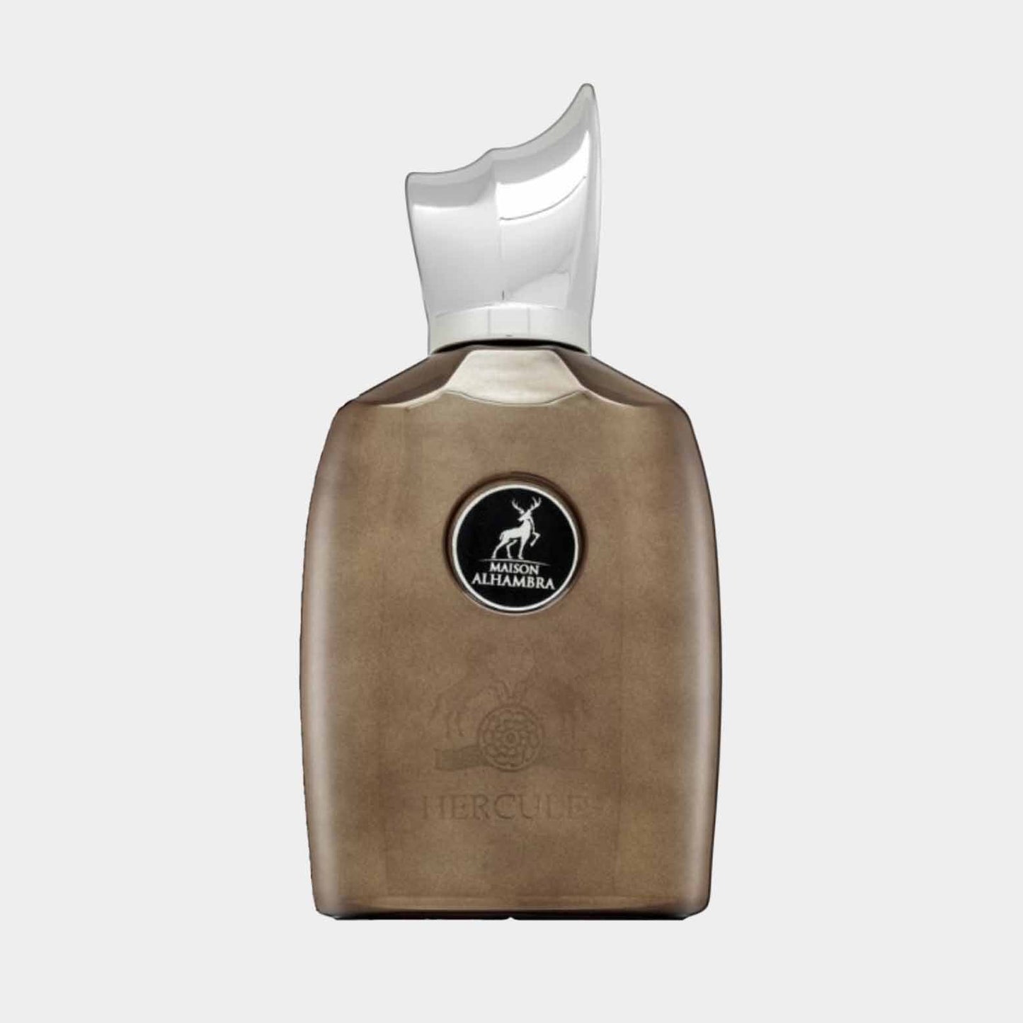 Maison Alhambra Hercules Sample, featuring a sleek brown bottle with a distinctive curved cap and a black logo, exuding a sophisticated and elegant design.