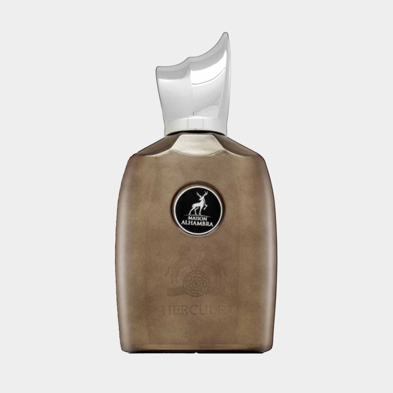 Maison Alhambra Hercules Sample, featuring a sleek brown bottle with a distinctive curved cap and a black logo, exuding a sophisticated and elegant design.