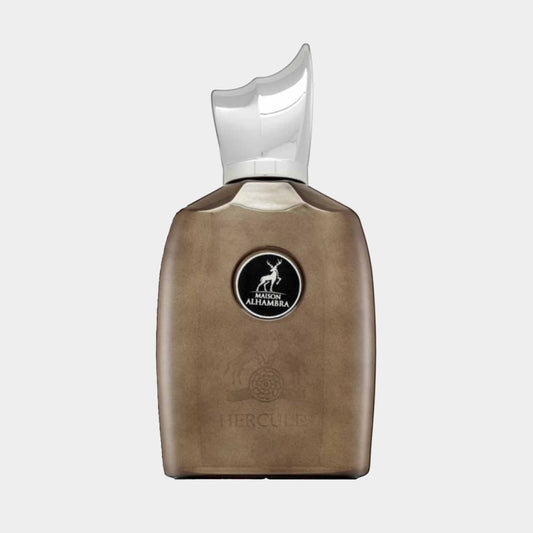Maison Alhambra Hercules full bottle featuring a sleek design with a curved top and a prominent logo. The bottle has a matte brown finish, adding a touch of elegance.