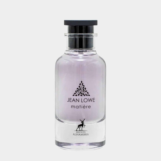 Maison Alhambra Jean Lowe Matiere Sample, featuring a sleek glass bottle with a light purple liquid and minimalist branding.