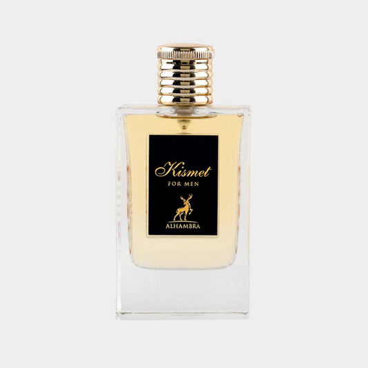 Full bottle of Maison Alhambra Kismet For Men, featuring a sleek glass design with a golden cap and a black label. The fragrance has a warm, inviting appearance.