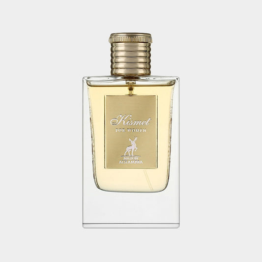 Full bottle of Maison Alhambra Kismet For Women, featuring a sleek glass design with a gold cap and an elegant label. The perfume is presented in a clear bottle, showcasing its light golden liquid.
