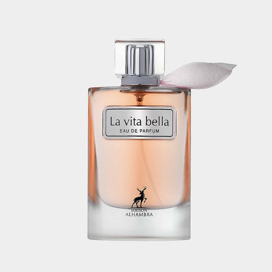 Maison Alhambra La Vita Bella Sample, featuring a sleek glass bottle with a silver cap and a delicate bow, showcasing a light amber fragrance.