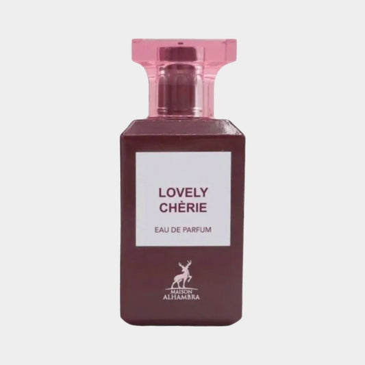 Maison Alhambra Lovely Chèrie Sample, featuring a sleek purple bottle with a pink cap and a minimalist label that reads 'Lovely Chèrie Eau de Parfum'.