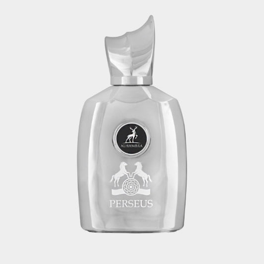 Maison Alhambra Perseus Sample perfume bottle, featuring a sleek, transparent design with a silver cap and logo, elegantly showcasing its luxurious fragrance.