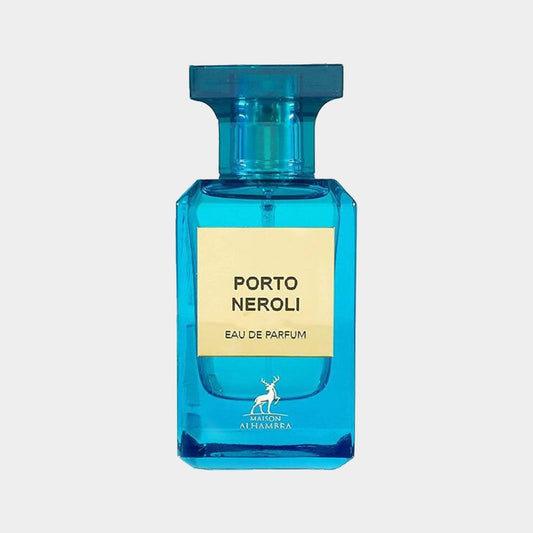 A bright blue glass bottle of Maison Alhambra Porto Neroli Sample perfume, featuring a minimalist design and a label that reads Porto Neroli Eau de Parfum. The bottle is elegantly shaped with a distinctive cap.