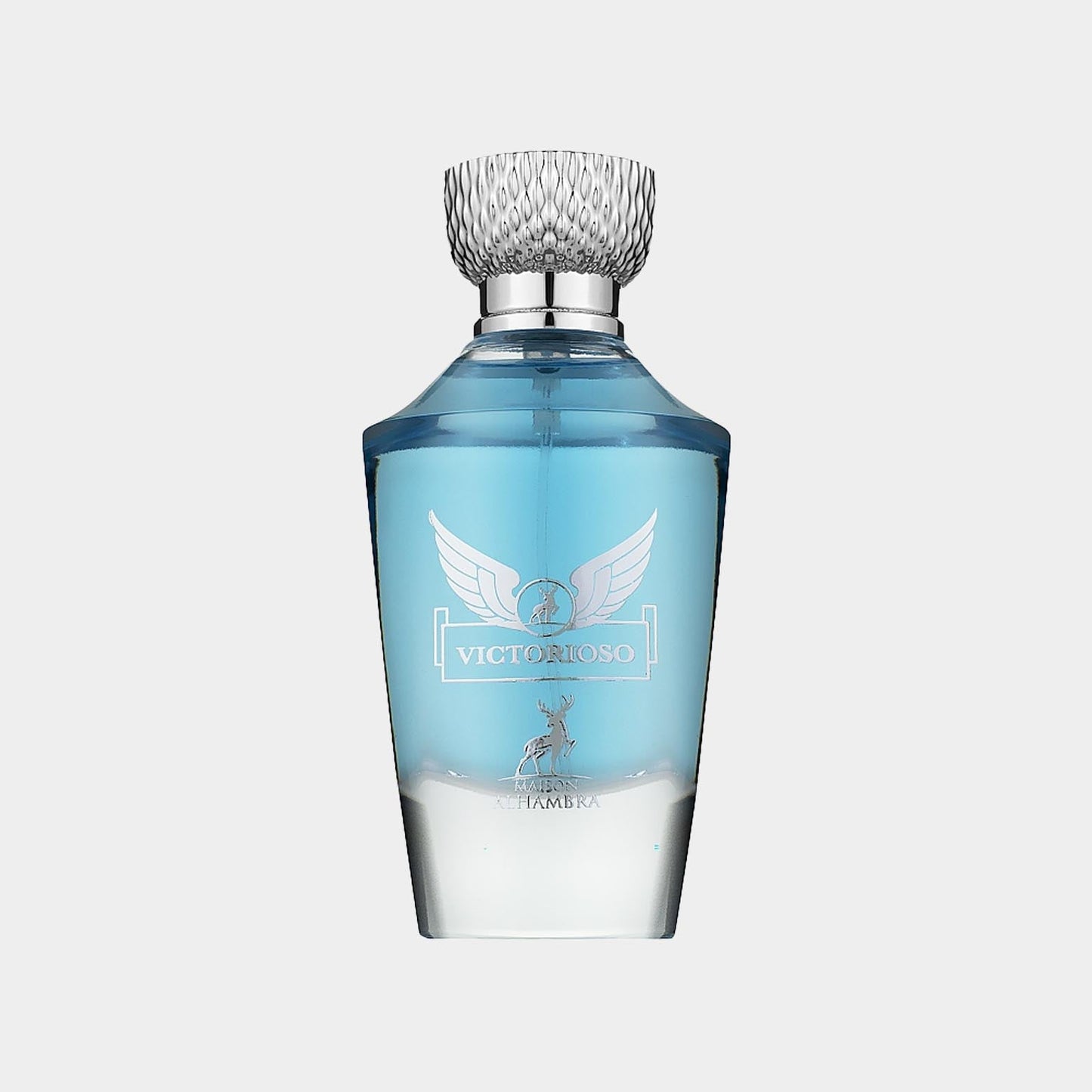 Maison Alhambra Victorioso EDP Sample features a sleek, elegant bottle designed with a silver cap and an intricate logo, showcasing a refreshing blue fragrance. This sample captures the essence of luxury and sophistication in a compact form.