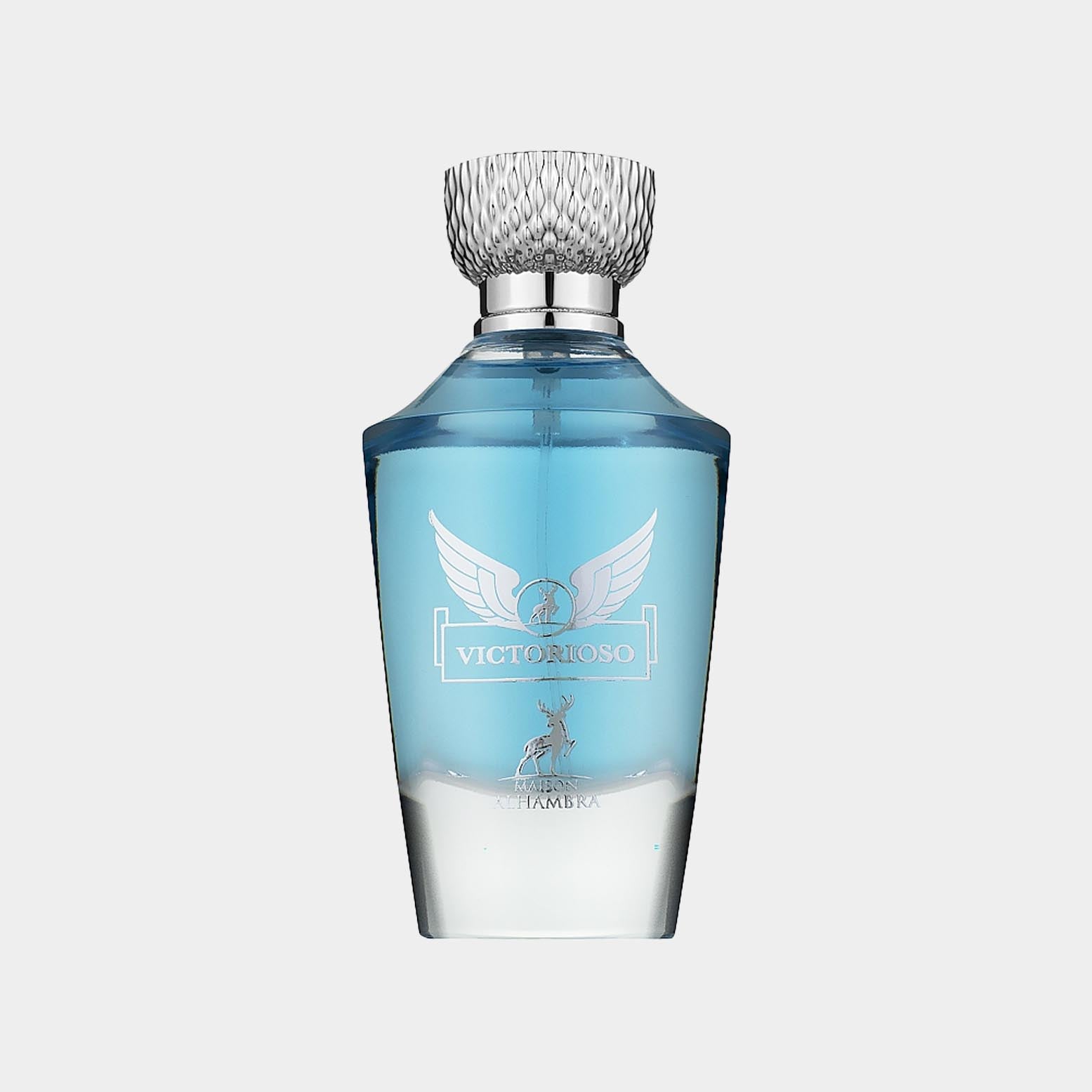 Maison Alhambra Victorioso EDP Sample features a sleek, elegant bottle designed with a silver cap and an intricate logo, showcasing a refreshing blue fragrance. This sample captures the essence of luxury and sophistication in a compact form.