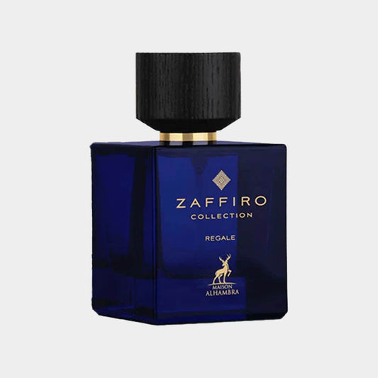 A luxurious blue glass bottle of Maison Alhambra Zaffiro Collection Regale Sample, featuring a sleek black cap and gold detailing. This elegant fragrance showcases sophistication and allure.