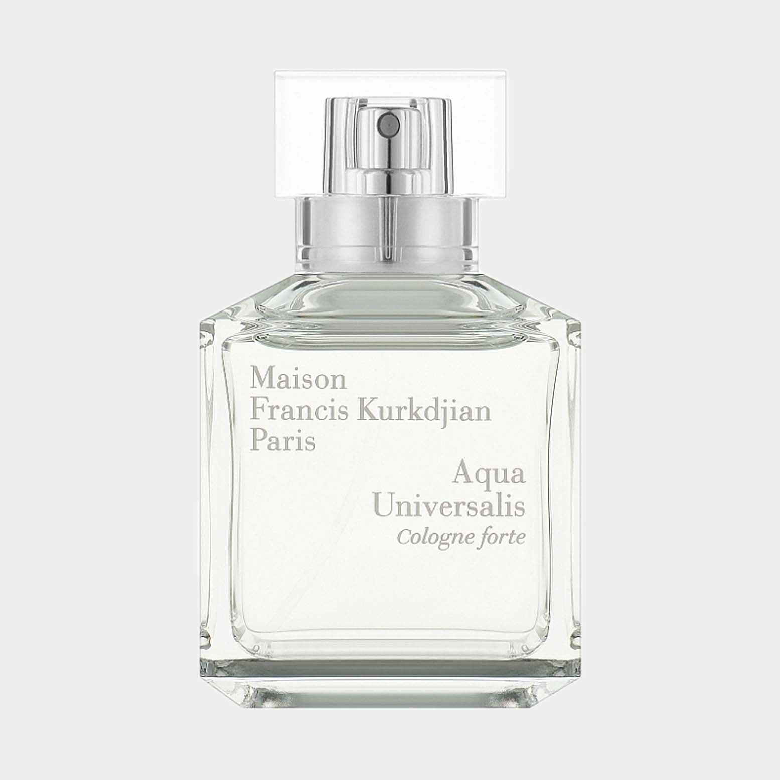 A clear glass sample bottle of Maison Francis Kurkdjian Aqua Universalis Cologne Forte, featuring a minimalist design and a silver spray nozzle. The label elegantly displays the brand name and fragrance title.