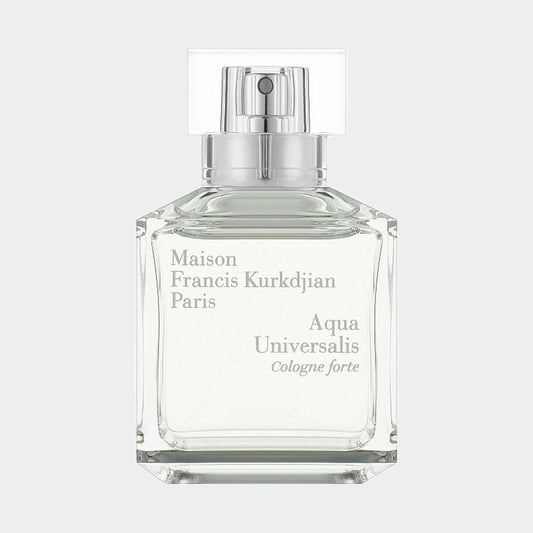 A clear glass sample bottle of Maison Francis Kurkdjian Aqua Universalis Cologne Forte, featuring a minimalist design and a silver spray nozzle. The label elegantly displays the brand name and fragrance title.