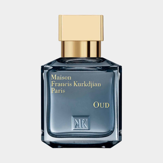 A sleek, rectangular bottle of Maison Francis Kurkdjian Oud EDP, featuring a golden cap and elegant branding on the glass. This product is a sample of a luxurious oud fragrance.