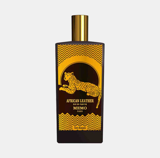 Memo Paris African Leather Sample, featuring a sleek black bottle adorned with a striking yellow and black leopard design, encapsulating the essence of luxury and exoticism.
