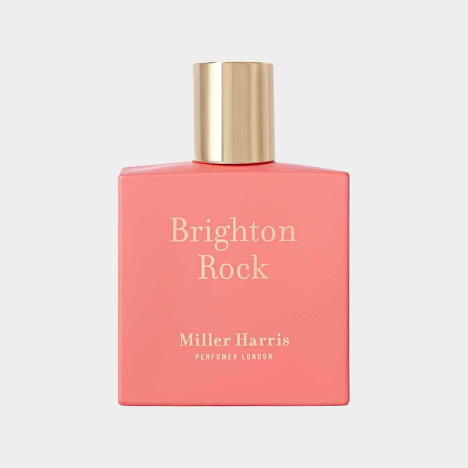 Miller Harris Brighton Rock Sample, featuring a sleek coral square bottle with a gold cap and elegant typography on the front.
