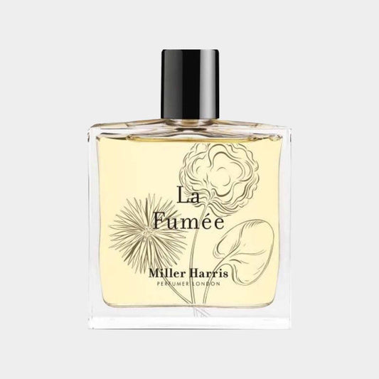 Miller Harris La Fumée sample, featuring an elegant glass bottle with a floral and botanical design, showcasing the light yellow fragrance inside.