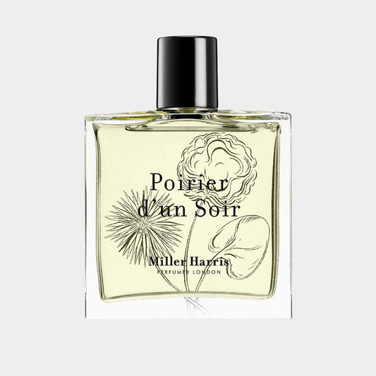 Miller Harris Poirier d'Un Soir sample is a small, clear glass perfume bottle featuring an illustrated label. The fragrance has a soft yellow hue, showcasing its elegant design.