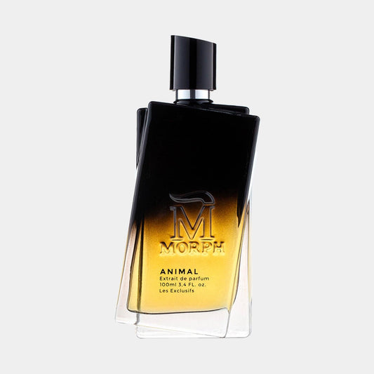 A stylish, black and gold perfume bottle labeled Morph Animal Sample, containing 100ml of extrait de parfum. The design features a sleek, modern silhouette with a gradient finish.