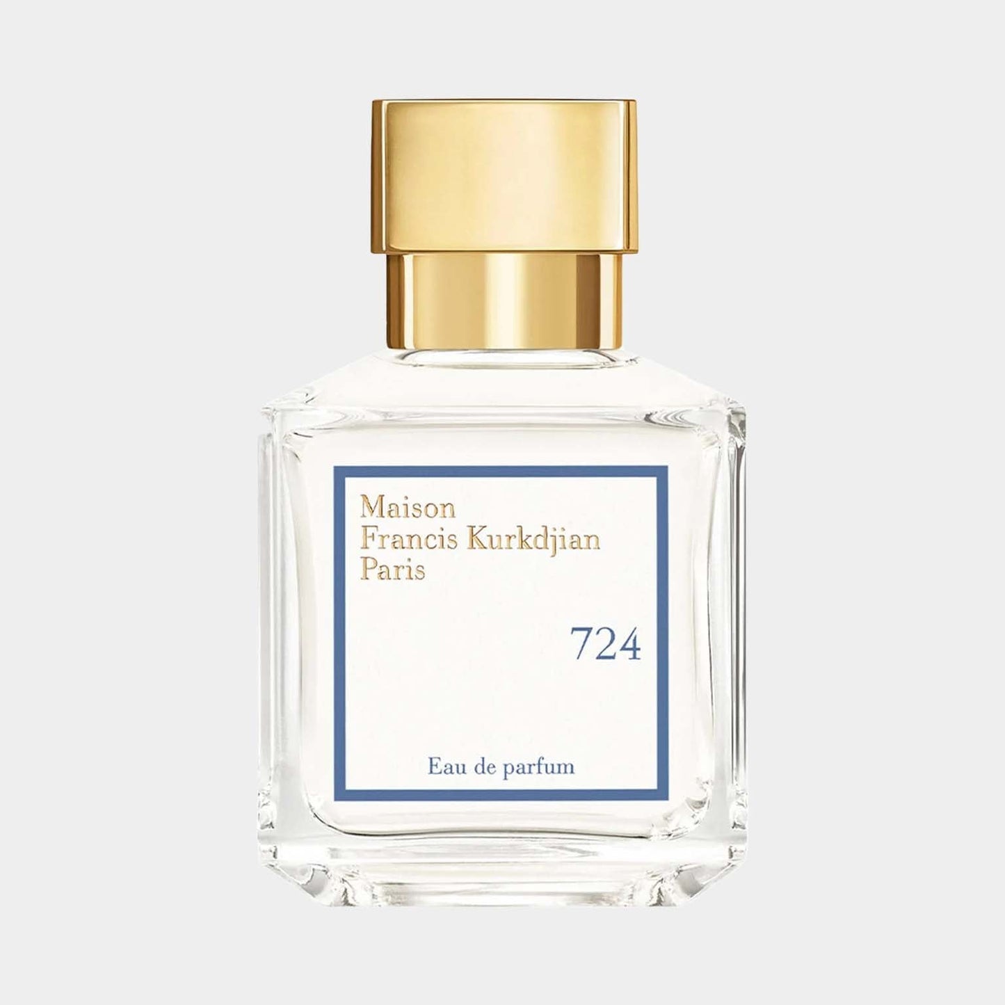 Clear glass bottle of Maison Francis Kurkdjian 724 Sample perfume, featuring a gold cap and a simple label that reads 724 Eau de Parfum.