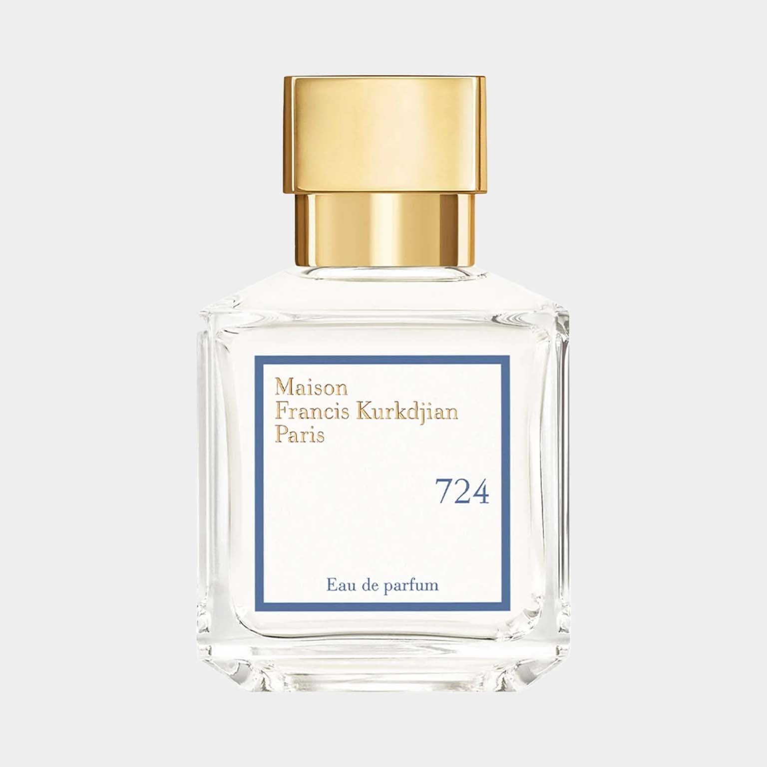 Clear glass bottle of Maison Francis Kurkdjian 724 Sample perfume, featuring a gold cap and a simple label that reads 724 Eau de Parfum.