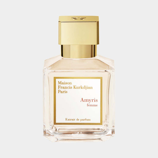 A bottle of Maison Francis Kurkdjian Amyris Femme Sample, featuring a sleek design with a gold cap and a clear glass body, highlighting the elegant fragrance inside.