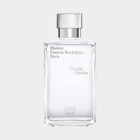 Sample bottle of Maison Francis Kurkdjian Gentle Fluidity Silver Edition, featuring a sleek, clear glass design with a minimalist label in white and silver accents.