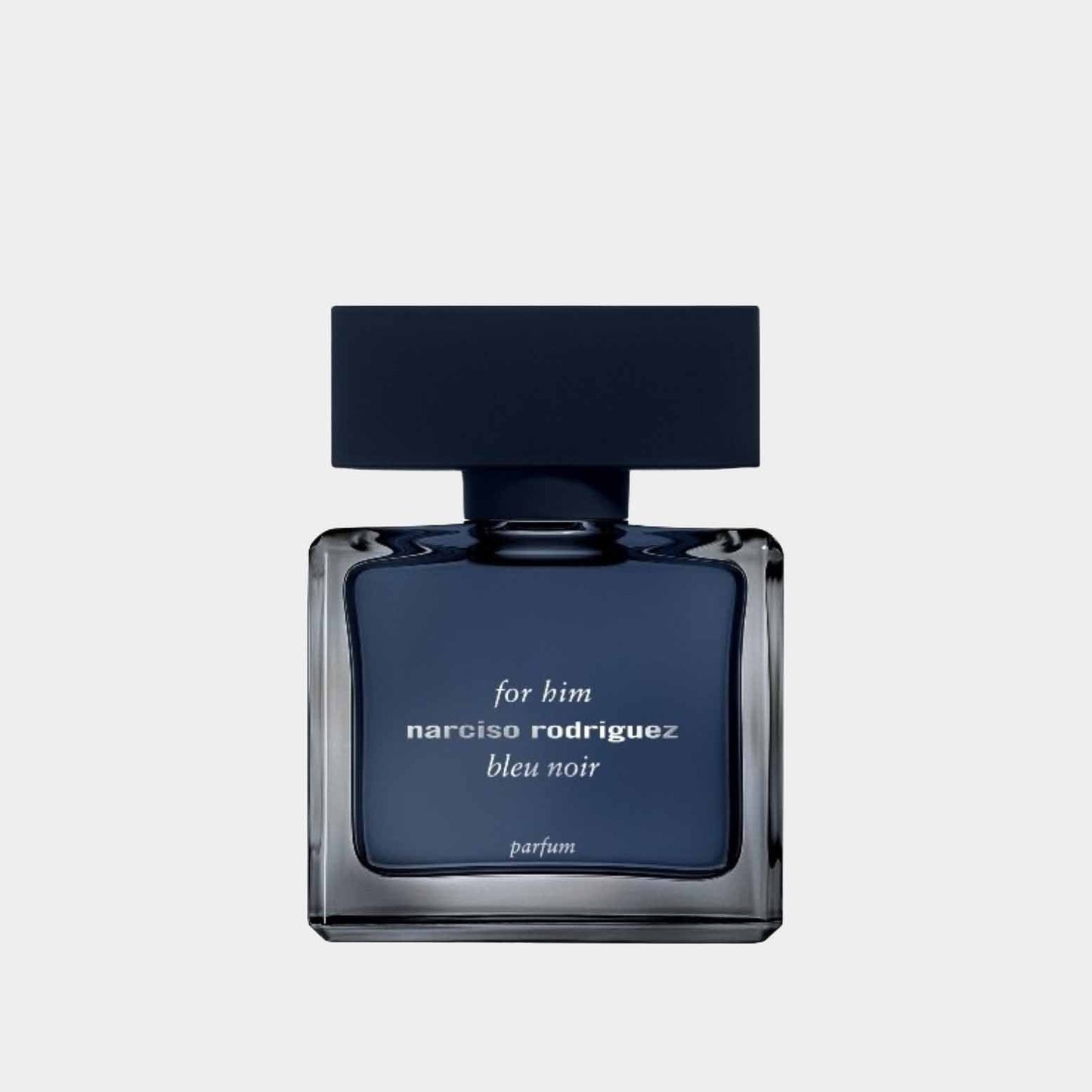 A bottle of Narciso Rodriguez for Him Bleu Noir Parfum Sample featuring a sleek, dark blue design with a square cap, elegantly showcasing the fragrance inside.