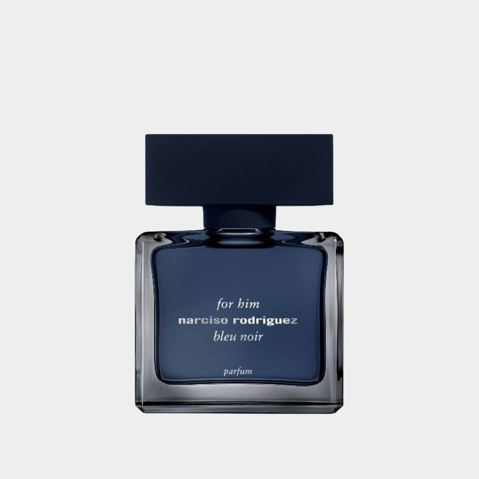A bottle of Narciso Rodriguez for Him Bleu Noir Parfum Sample featuring a sleek, dark blue design with a square cap, elegantly showcasing the fragrance inside.