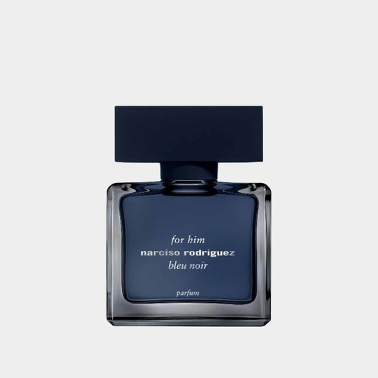 A bottle of Narciso Rodriguez for Him Bleu Noir Parfum Sample featuring a sleek, dark blue design with a square cap, elegantly showcasing the fragrance inside.