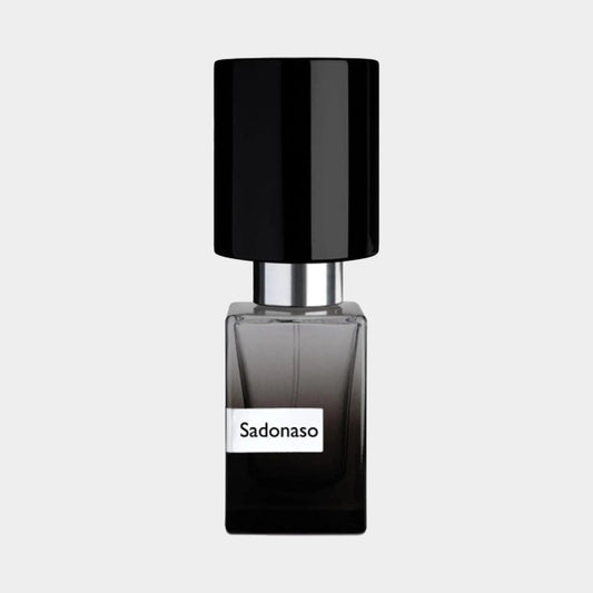 A sleek, black-capped bottle of Nasomatto Sadonaso Sample, featuring a dark liquid and a minimalist label displaying the name 'Sadonaso.'