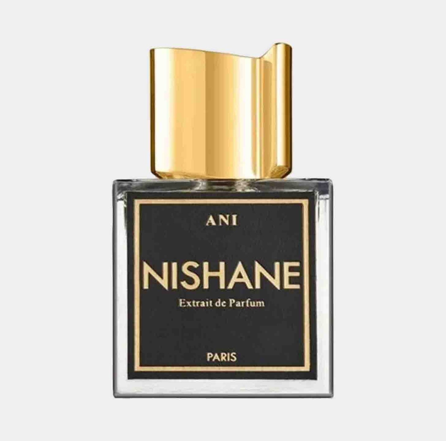 A luxurious small bottle of Nishane Ani EXDP Sample, featuring a sleek design with a black label and a golden cap, showcasing its elegance and sophistication.