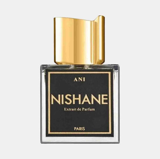 A luxurious small bottle of Nishane Ani EXDP Sample, featuring a sleek design with a black label and a golden cap, showcasing its elegance and sophistication.