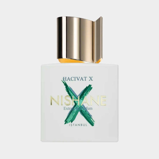 A bottle of Nishane Hacivat X EXDP Sample, featuring a sleek design with a gold cap and a white rectangular base adorned with bold green 'X' and gold lettering.