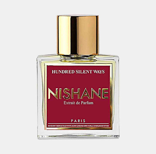 A bottle of Nishane Hundred Silent Ways EXDP Sample, featuring a sleek design with a gold cap and a rich, burgundy label that displays the brand name and fragrance details.