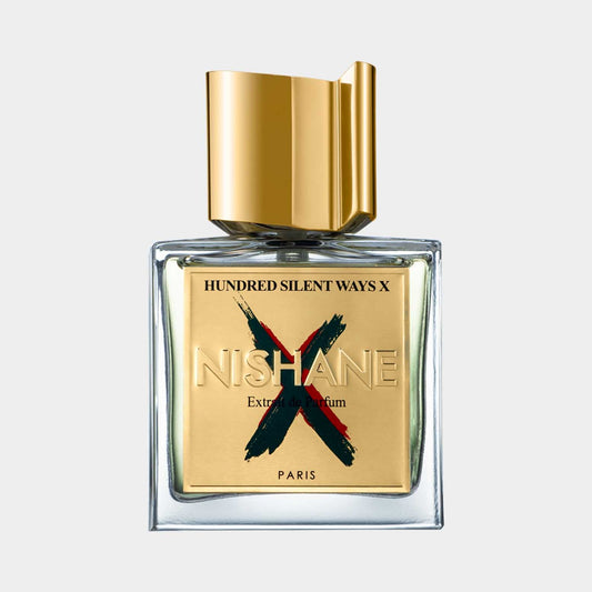 Nishane Hundred Silent Ways X EXDP sample fragrance bottle featuring a stylish gold cap and an elegant design with bold black and green accents.