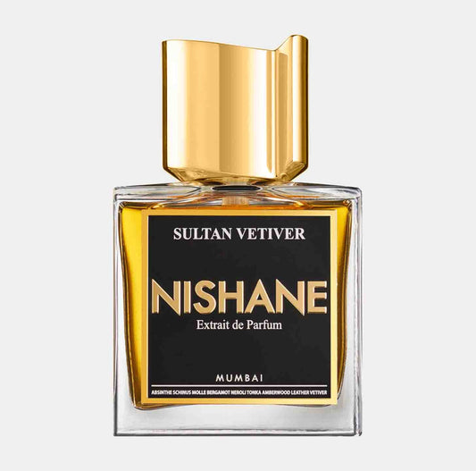 A sleek glass bottle of Nishane Sultan Vetiver Extrait de Parfum, featuring a black label with gold lettering and a striking gold cap. The fragrance is elegantly presented, embodying a luxurious scent experience.