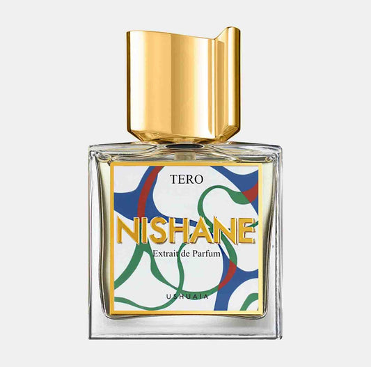 A sample bottle of Nishane Tero Extrait de Parfum featuring a colorful geometric design on the label and a gold cap, set against a light grey background.