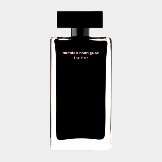 A sleek, black bottle of Narciso Rodriguez For Her EDT Sample, featuring a minimalist design with a rectangular shape and a square cap, elegantly showcasing the fragrance's sophisticated essence.