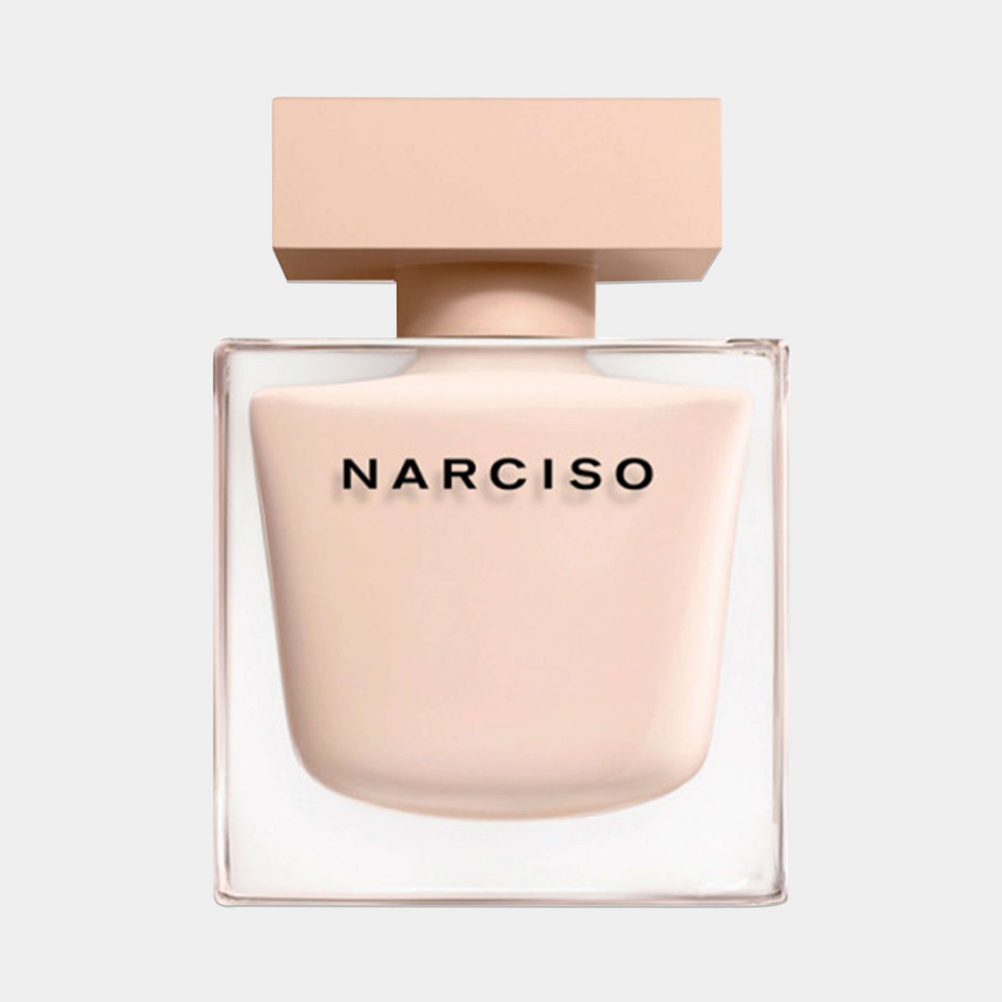 A sample bottle of Narciso Rodriguez Poudree, featuring a minimalist design with a soft pink hue and a square top, elegantly labeled with the brand name NARCISO.