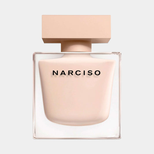 A sample bottle of Narciso Rodriguez Poudree, featuring a minimalist design with a soft pink hue and a square top, elegantly labeled with the brand name NARCISO.