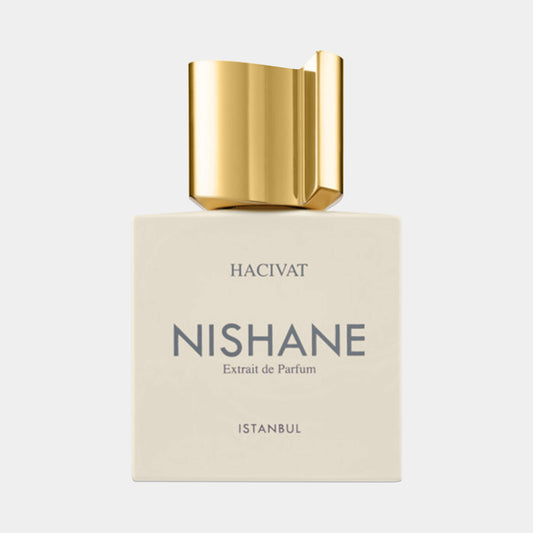Nishane Hacivat EXDP Sample, featuring a sleek white bottle with a distinctive gold cap, showcasing the brand's elegant design and luxurious essence.