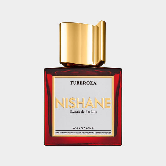 A bottle of Nishane Tuberoza EXDP Sample featuring a bold red design, gold accents, and a sleek cap, labeled with the brand name and fragrance details.