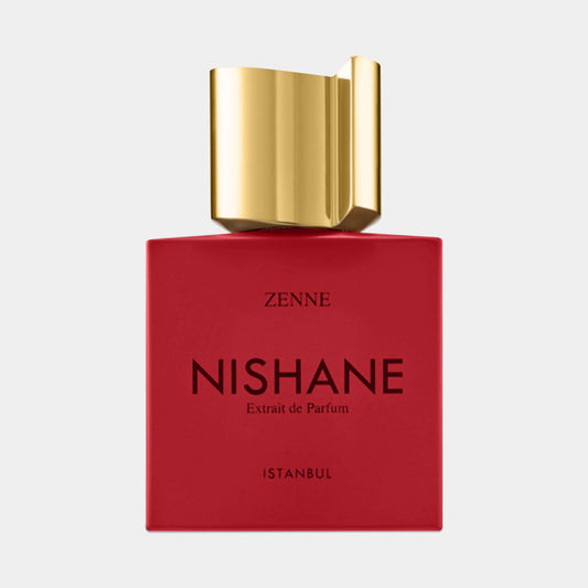 A bold red bottle of Nishane Zenne Extrait de Parfum, featuring a luxurious gold cap, showcasing its elegant design and premium fragrance quality.