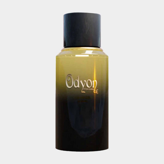 A sleek, gradient bottle of Odyon Dubai Wild Musk Sample, featuring a dark base and a glossy black cap, designed for a luxurious fragrance experience.