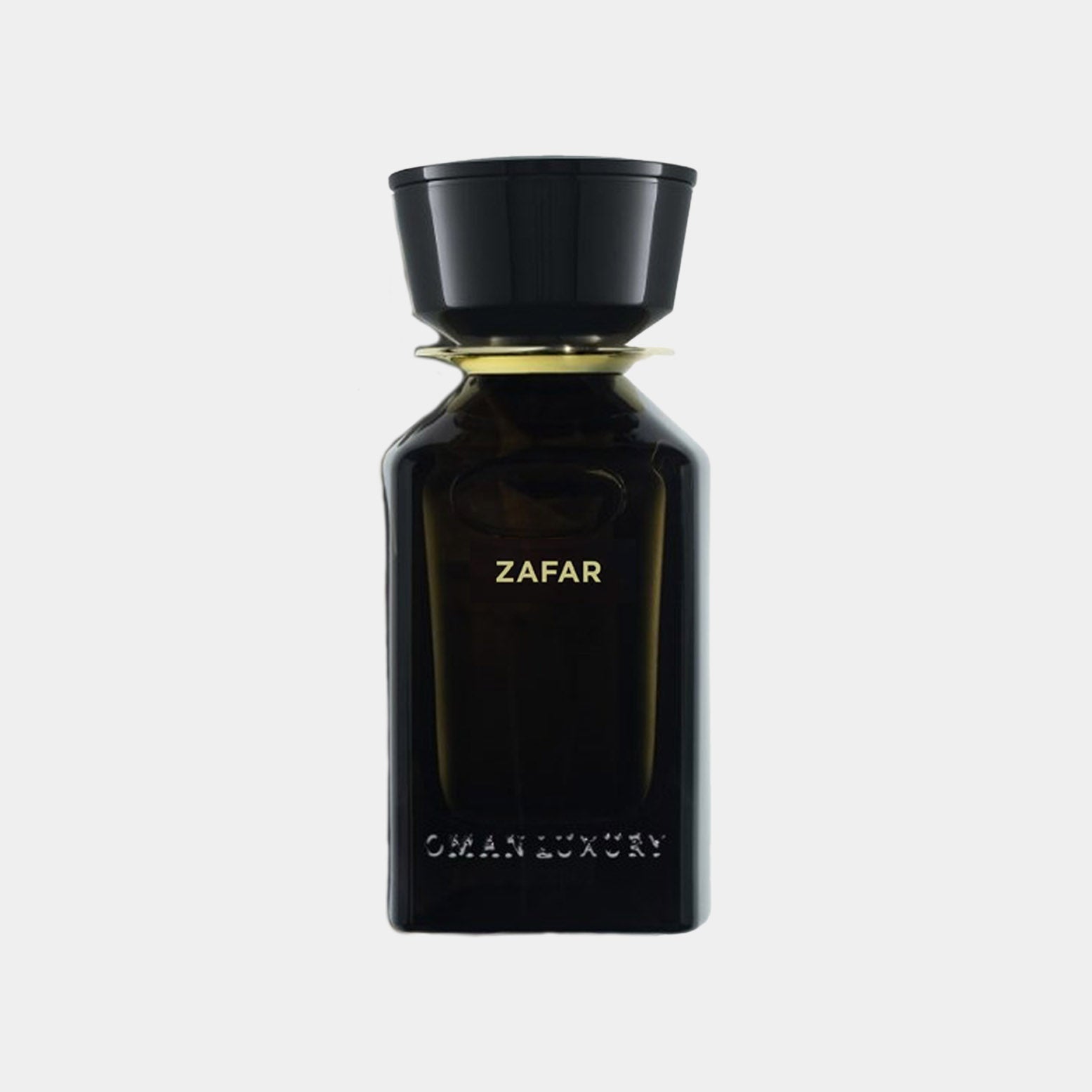 A full bottle of Omanluxury Zafar perfume, featuring an elegant dark glass design with a sleek black cap and the brand name Oman Luxury embossed at the bottom.