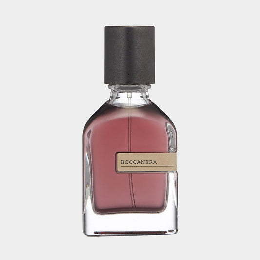 Orto Parisi Boccanera Sample is a stylish glass perfume bottle with a textured black cap, containing a deep mauve fragrance. The bottle features a minimalist label displaying the name Boccanera elegantly.