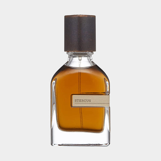 A bottle of Orto Parisi Stercus perfume, featuring a sleek glass design with a dark cap and a label that prominently displays the name 'STERCUS'. The rich amber liquid inside the bottle adds to its luxurious appearance.